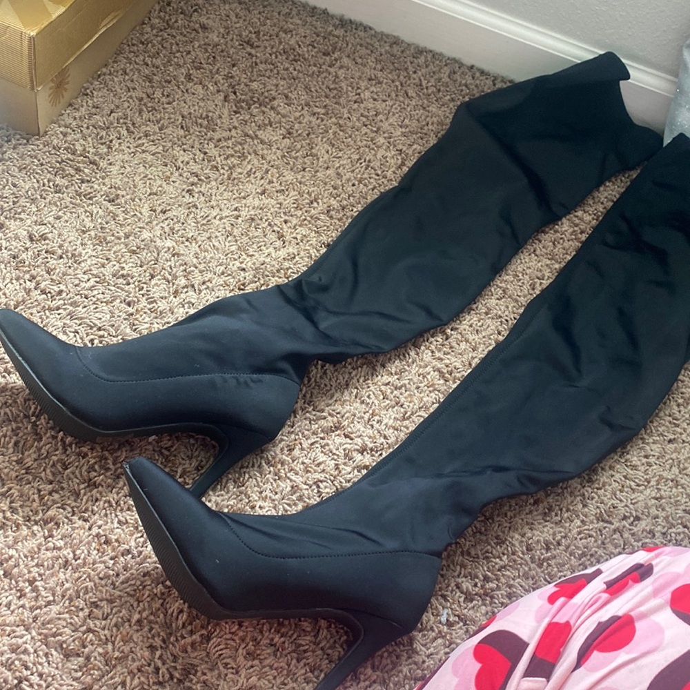 Black fabric, satin thigh, high boots, new never worn